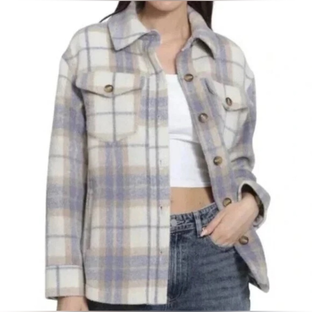 Avec Les Filles Boxy Purple Tan Cream Plaid Chore Shirt Jacket, XS